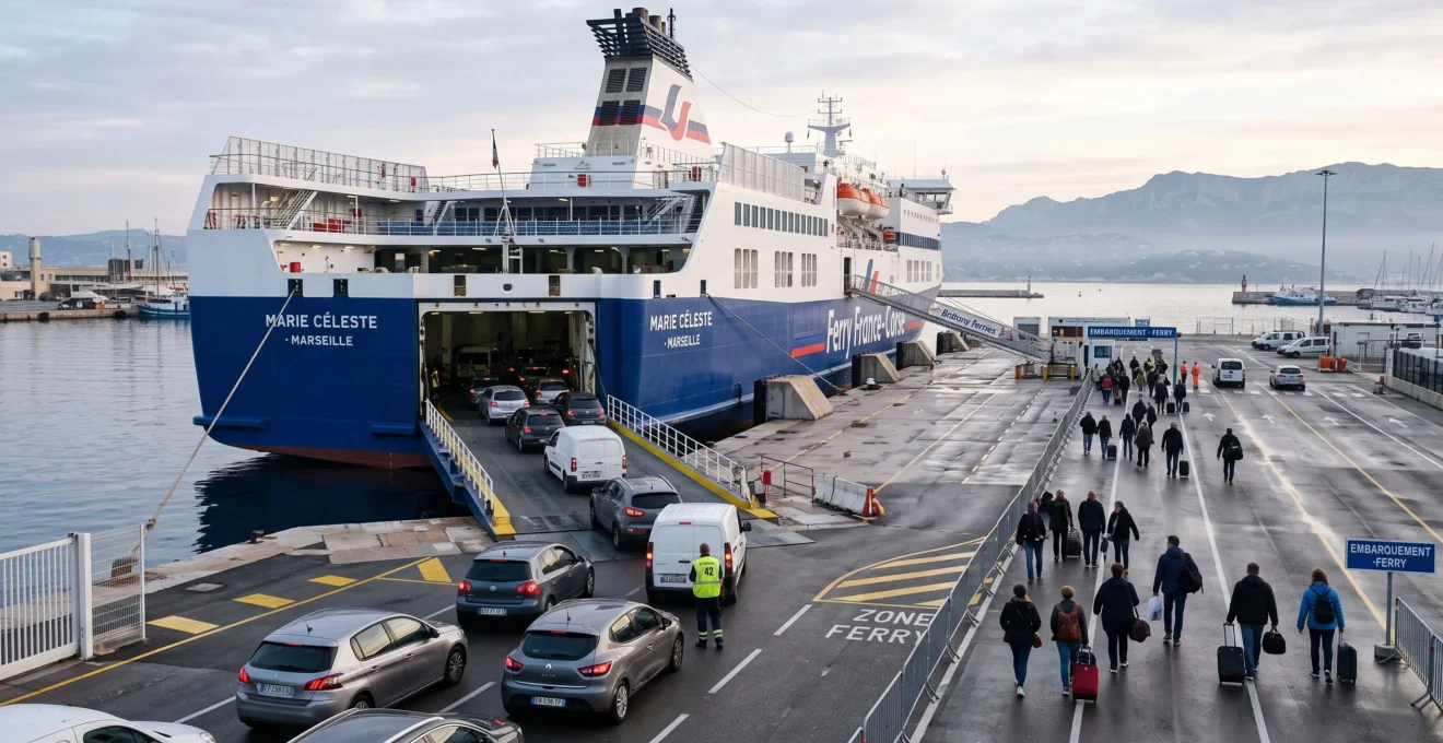 Un ferry charge des voitures sur un quai de port méditerranéen au lever du jour.