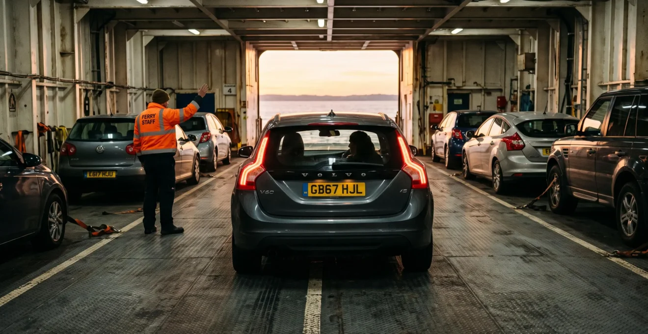 Une voiture se gare dans le garage d'un ferry au coucher du soleil.