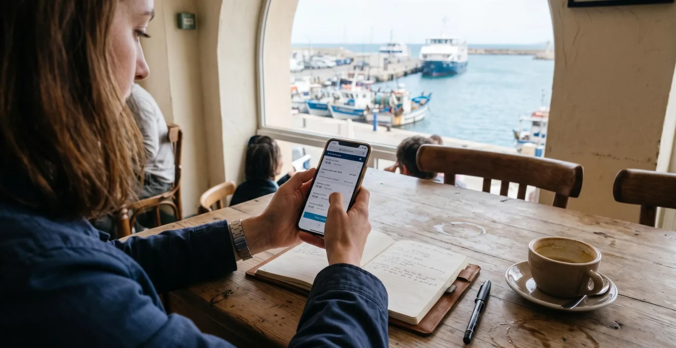 Un voyageur compare des horaires de ferry sur son smartphone à une table de café.